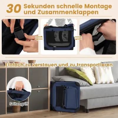 Skládací přenosná psí klece se síťovanými okny, 3 dveře, odnímatelná výplň, modrá
