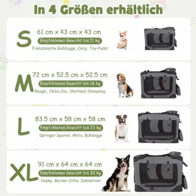 Skládací přenosná psí klece s okénky ze síťoviny, 3 dveře, rukojeti, sivá