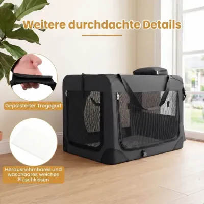 Skládací přenosná psí klece se síťovanými okny, 3 dveře pro psy a kočky, černá