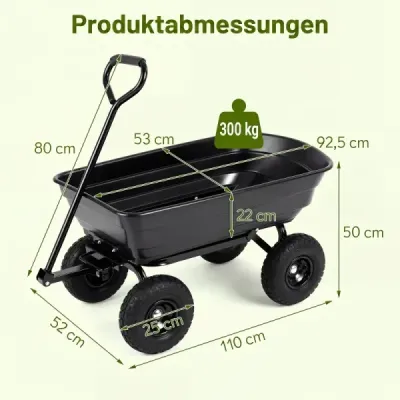 Zahradní vozík s výklopnou funkcí, přepravní vozík s plastovou vanou o objemu 75 l a nastavitelnou rukojetí