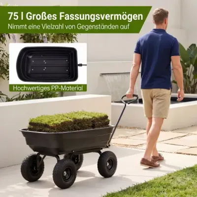 Zahradní vozík s výklopnou funkcí, přepravní vozík s plastovou vanou o objemu 75 l a nastavitelnou rukojetí
