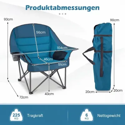 Skládací kempingová židle – polstrovaná skládací židle s držákem na nápoje, nosnost až 225 kg, modrá