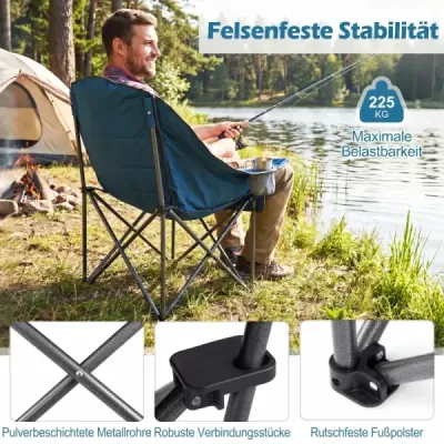 Skládací kempingová židle – polstrovaná skládací židle s držákem na nápoje, nosnost až 225 kg, modrá