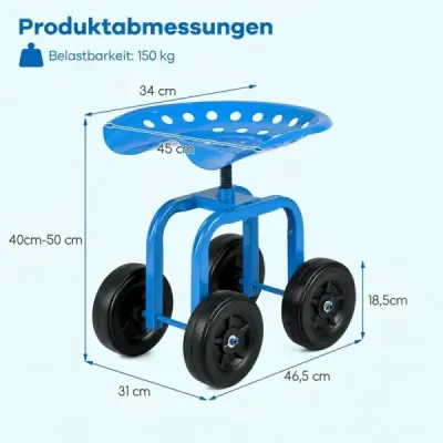 Zahradní vozík na kolečkách – pojízdná pracovní židle s otočným sedákem o 360° a nastavitelnou výškou – modrá