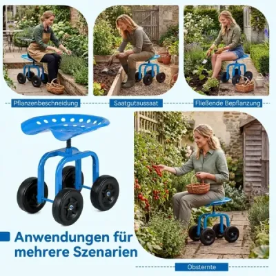 Zahradní vozík na kolečkách – pojízdná pracovní židle s otočným sedákem o 360° a nastavitelnou výškou – modrá
