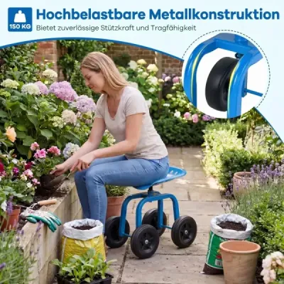 Zahradní vozík na kolečkách – pojízdná pracovní židle s otočným sedákem o 360° a nastavitelnou výškou – modrá