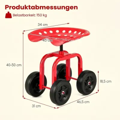 Zahradní vozík na kolečkách – pojízdná pracovní židle s otočným sedákem o 360° a nastavitelnou výškou, červená