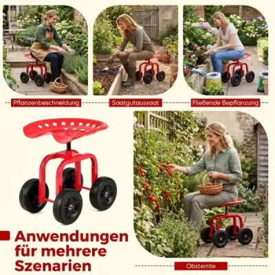 Zahradní vozík na kolečkách – pojízdná pracovní židle s otočným sedákem o 360° a nastavitelnou výškou, červená