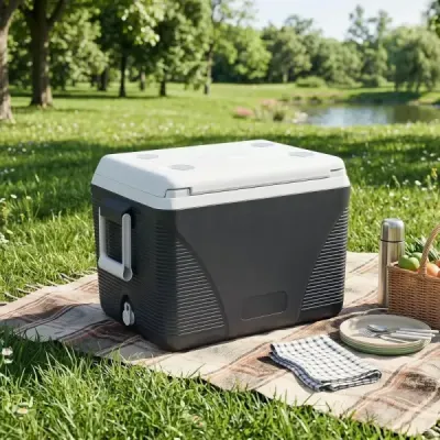 Chladicí box 41 l, termobox bez napájení, uchovává chlad až 5–7 dní, plastový izolační box se 4 držáky na nápoje