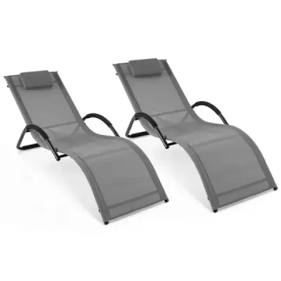 Sada 2 ks ergonomických zahradních lehátek s odnímatelným polštářem, nosnost až 160 kg, šedá
