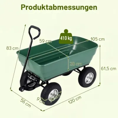 Zahradní vozík s výklopnou funkcí do 410 kg Ruční vozík s objemem 125 l Nastavitelná rukojeť Zelená