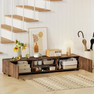 Skříňka pod televizi, komoda pod televizi pro televizory do 70 palců, skříňka pod televizi se 2 dvířky, 160 x 35 x 30 cm, rustikální hnědá