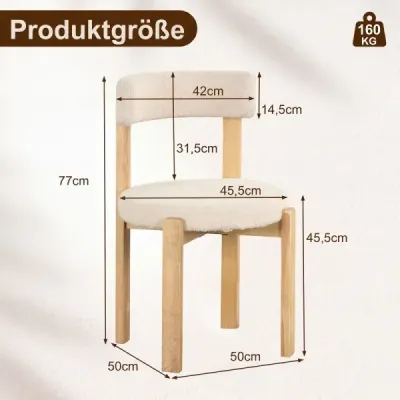 Jídelní židle, sada 2 ks, čalouněná kuchyňská židle z plyšového fleece, čalouněná židle, béžová