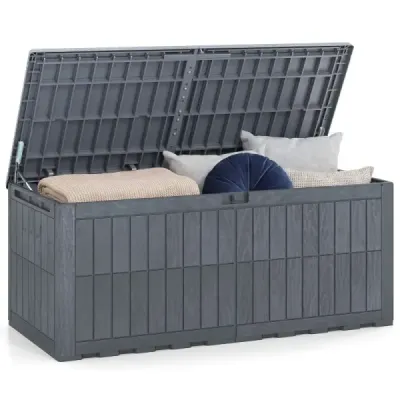 Odolný box na matrace 680 l – venkovní úložný box s uzamykatelným víkem a plynovými vzpěrami, šedý