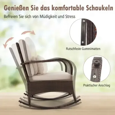 3dílná sada zahradního nábytku: 2 ratanová houpací křesla se skleněným stolkem – venkovní sedací souprava s kovovým rámem