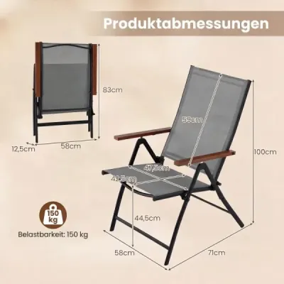 Sada 4 zahradních židlí s 5stupňově nastavitelným opěradlem, skládací balkonové židle s nosností až 150 kg, šedé