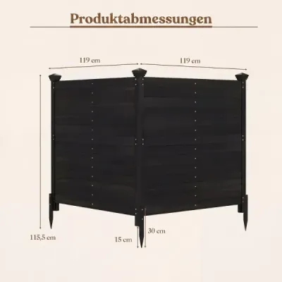 Dvoudílný plot pro zajištění soukromí, 119 x 119 cm, zahradní plot z jedlového dřeva, venkovní dřevěný plot se 3 sloupky, černý