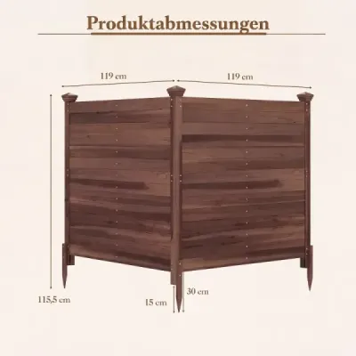 Dvoudílný plot pro zajištění soukromí, 119 x 119 cm, zahradní plot z jedlového dřeva, venkovní dřevěný plot se 3 sloupky, hnědý