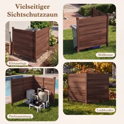 Dvoudílný plot pro zajištění soukromí, 119 x 119 cm, zahradní plot z jedlového dřeva, venkovní dřevěný plot se 3 sloupky, hnědý