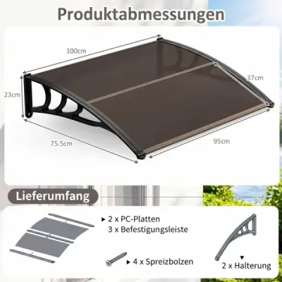 Stříška nad vchodovými dveřmi 100 x 76 cm Průhledná stříška s pultovým obloukem z polykarbonátu a hliníku, hnědá