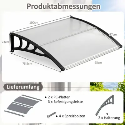 Stříška nad vchodovými dveřmi 100 x 76 cm Průhledná stříška s pultovým obloukem z polykarbonátu a hliníku, černá