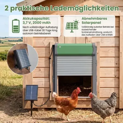 Automatické solární dvířka pro slepice, 4 režimy s časovačem, světelným senzorem a dálkovým ovládáním
