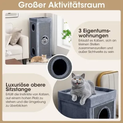 Čtyřpatrový domeček pro kočky, 99 cm vysoký kočičí domeček se škrabadlem a 3 úkryty, světle šedý