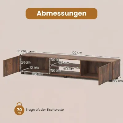 Skříňka pod televizi, komoda pod televizi pro televizory do 70 palců, skříňka pod televizi se 2 dvířky, 160 x 35 x 30 cm, rustikální hnědá