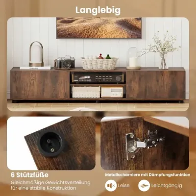 Skříňka pod televizi, komoda pod televizi pro televizory do 70 palců, skříňka pod televizi se 2 dvířky, 160 x 35 x 30 cm, rustikální hnědá