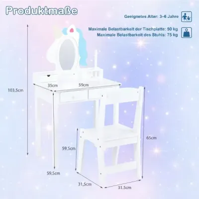 Dětský toaletní stolek 2 v 1 s motivem jednorožce, odnímatelným zrcadlem a 2 barvami osvětlení, bílý