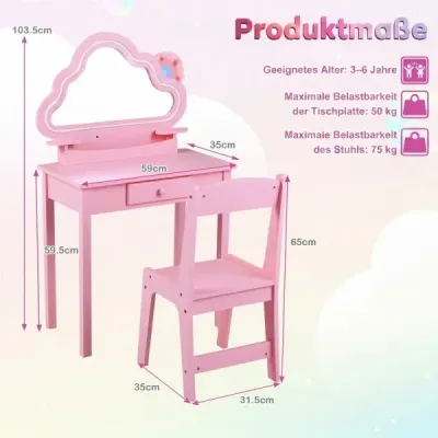 Dětský toaletní stolek s osvětlením, zrcadlo s motivem mraků, 3 háčky na šperky, pro děti ve věku 3–6 let, růžový