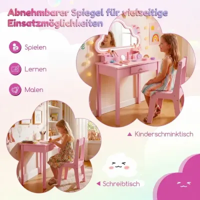 Dětský toaletní stolek s osvětlením, zrcadlo s motivem mraků, 3 háčky na šperky, pro děti ve věku 3–6 let, růžový