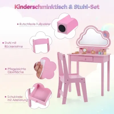 Dětský toaletní stolek s osvětlením, zrcadlo s motivem mraků, 3 háčky na šperky, pro děti ve věku 3–6 let, růžový