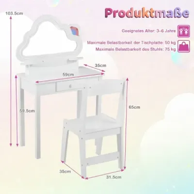 Dětský toaletní stolek s osvětlením, zrcadlo s motivem mraků, 3 háčky na šperky, pro děti ve věku 3–6 let, bílý