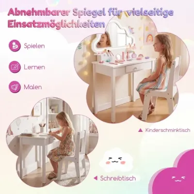 Dětský toaletní stolek s osvětlením, zrcadlo s motivem mraků, 3 háčky na šperky, pro děti ve věku 3–6 let, bílý