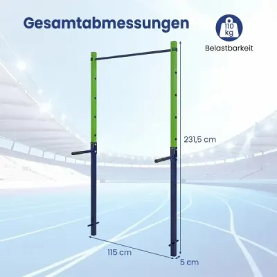 Hrazda na kliky, výškově nastavitelná 80–172 cm, stanice na dipy z pozinkované oceli, nosnost až 110 kg, modrá