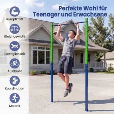 Hrazda na kliky, výškově nastavitelná 80–172 cm, stanice na dipy z pozinkované oceli, nosnost až 110 kg, modrá