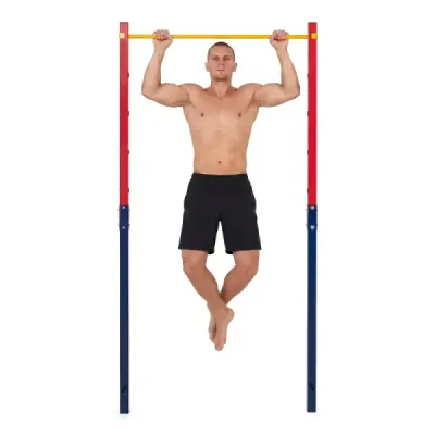 Hrazda na kliky, výškově nastavitelná 80–172 cm, stanice na dipy z pozinkované oceli, nosnost do 110 kg, červená