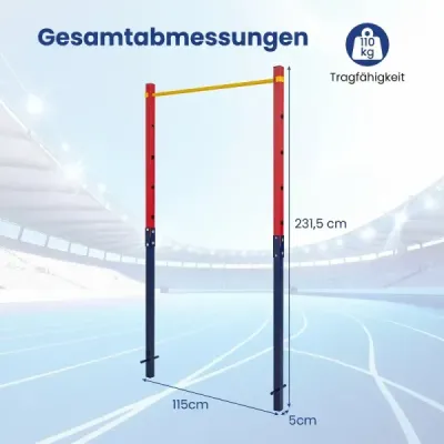 Hrazda na kliky, výškově nastavitelná 80–172 cm, stanice na dipy z pozinkované oceli, nosnost do 110 kg, červená
