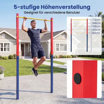 Hrazda na kliky, výškově nastavitelná 80–172 cm, stanice na dipy z pozinkované oceli, nosnost do 110 kg, červená