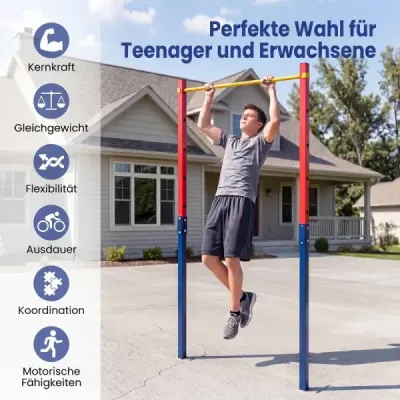 Hrazda na kliky, výškově nastavitelná 80–172 cm, stanice na dipy z pozinkované oceli, nosnost do 110 kg, červená