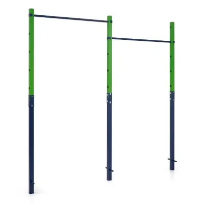 Dvojitá hrazda na kliky a pro vis, výškově nastavitelná 80–172 cm, stanice na dipy z pozinkované oceli, nosnost až 220 kg, modrá