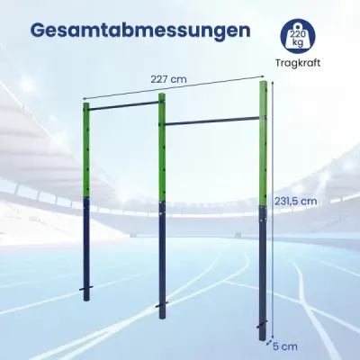 Dvojitá hrazda na kliky a pro vis, výškově nastavitelná 80–172 cm, stanice na dipy z pozinkované oceli, nosnost až 220 kg, modrá