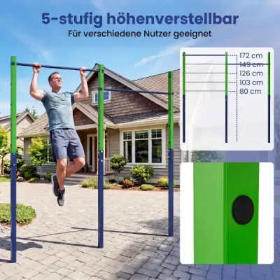 Dvojitá hrazda na kliky a pro vis, výškově nastavitelná 80–172 cm, stanice na dipy z pozinkované oceli, nosnost až 220 kg, modrá