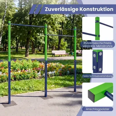 Dvojitá hrazda na kliky a pro vis, výškově nastavitelná 80–172 cm, stanice na dipy z pozinkované oceli, nosnost až 220 kg, modrá