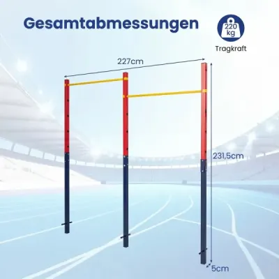 Dvojitá hrazda na kliky a přetahování, výškově nastavitelná 80–172 cm, z oceli, nosnost až 220 kg, červená
