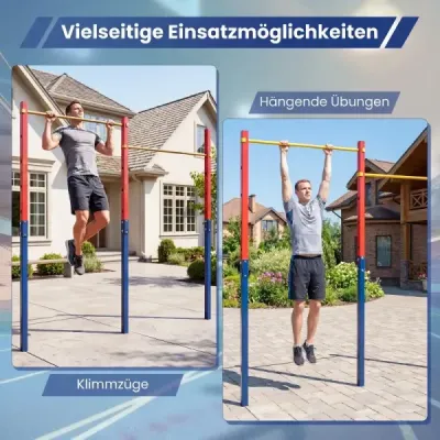 Dvojitá hrazda na kliky a přetahování, výškově nastavitelná 80–172 cm, z oceli, nosnost až 220 kg, červená