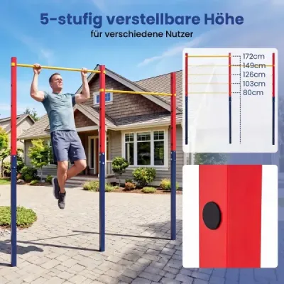 Dvojitá hrazda na kliky a přetahování, výškově nastavitelná 80–172 cm, z oceli, nosnost až 220 kg, červená