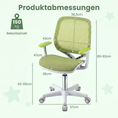 Výškově nastavitelná dětská otočná židle s aretací sedáku – ergonomická židle k psacímu stolu, kancelářská židle, zelená