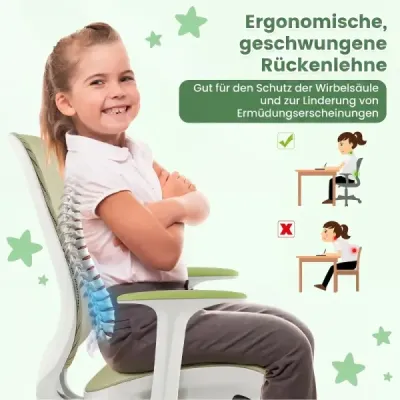 Výškově nastavitelná dětská otočná židle s aretací sedáku – ergonomická židle k psacímu stolu, kancelářská židle, zelená